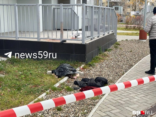 Верхняя часть тела женщины лежала на земле, ноги — у входа в подъезд | Источник: Тома Минадзе / 59.RU