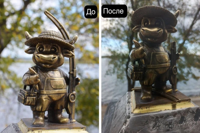 Бычку-рыбачку вандалы почти сразу обломали удочку | Источник: Стариков Артем / Telegram