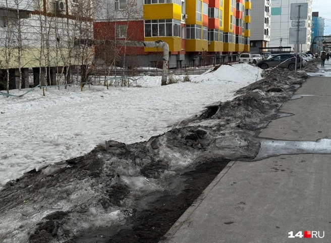 Местами сухо, но если еще потеплеет, то кучи снега разольются на тротуар | Источник: Ольга Донская / 14.RU