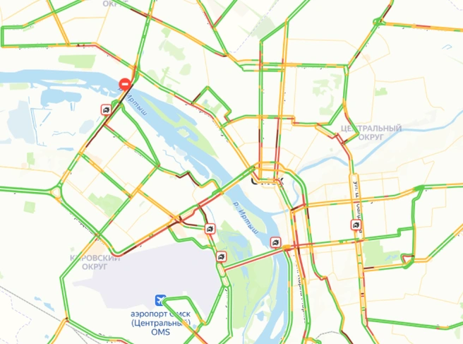 Самая сложная ситуация — на Левобережье | Источник: НГС Пробки / ngs55.ru/maps-traffic