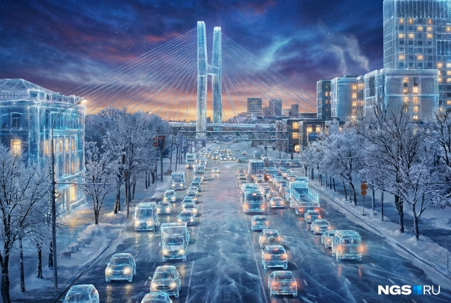 В уютной подсвеченной ледяной ночи трафик улицы Большевистской не вгоняет в депрессию. Хотя, может, это потому, что автомобили окончательно вмёрзли в пробку | Источник: Андрей Бортко, Юрий Орлов / Городские медиа