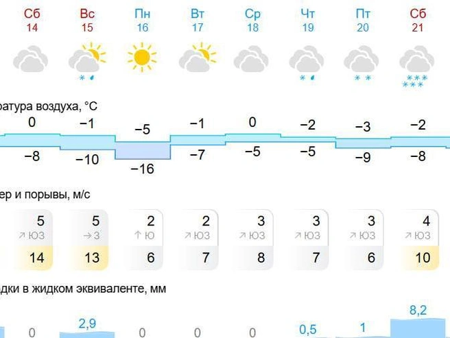 В четверг возможны смешанные осадки — снег с дождем. | Источник: Gismeteo.ru