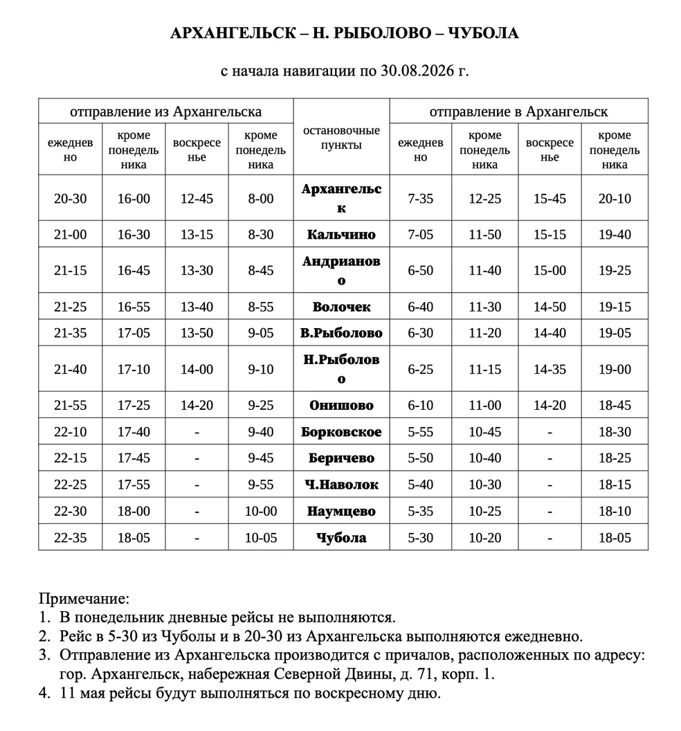 Расписание на лето 2026 года | Источник: arpnet.ru