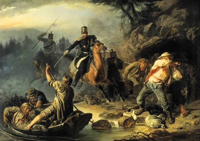 В. Г. Худяков «Стычка с финляндскими контрабандистами» (1853). Холст, масло. 95,6 х 133,6 | Источник: Собрание Государственной Третьяковской галереи / culture.ru