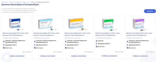 Ни одной из форм препарата не в наличии | Источник: «Аптека.ру»