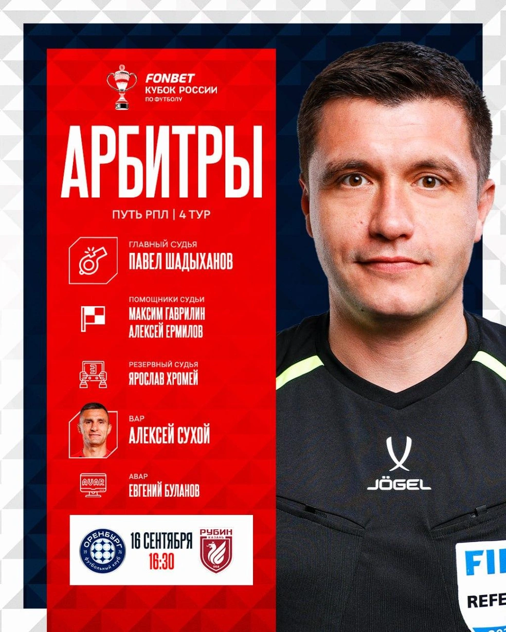 Бригада арбитров на матч «Оренбурга» и «Рубина» | Источник: Российский Футбольный Союз / t.me