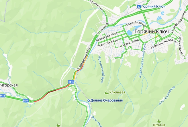 Пробка в районе Горячего Ключа | Источник: yandex.ru/maps
