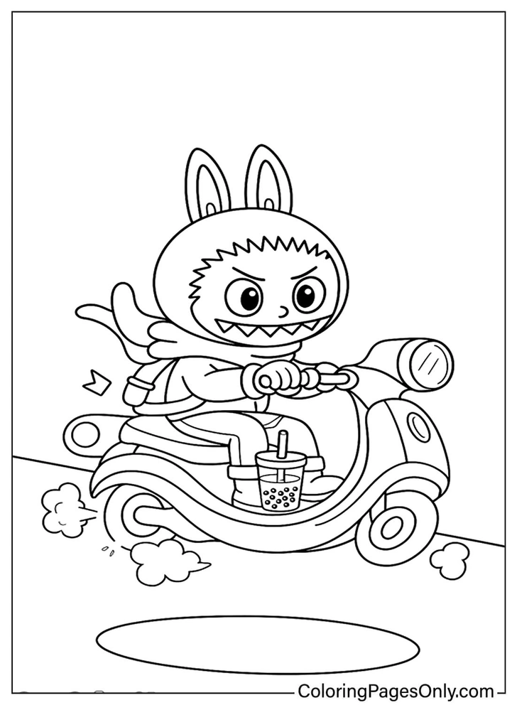 Лабубу с колой на мотоцикле раскраска | Источник: coloringpagesonly.com