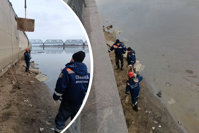 В Ярославле, воспользовавшись обмелением Волги, достали смытую с набережной плитку | Источник: Центр гражданской защиты Ярославля