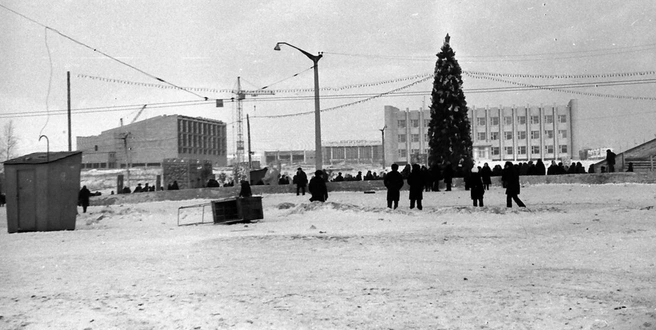 Зеленую красавицу покрупнее можно было увидеть напротив администрации Заводского района (тогда&nbsp;— райисполкома) | Источник: Анатолий Шиша / pastvu.com