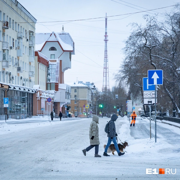 Эта пара прохожих, вероятно, направлялась в сквер на прогулку с собакой | Источник: Владислав Лоншаков / E1.RU