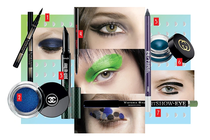 1. Подводка для глаз Superliner Superstar, L'Oréal Paris. 2. Тени для век Illusion d'Ombre Ocean Light, Chanel. 3. Гелевая подводка для век They're Real! Push-up Liner, Beyond Green, Benefit. 4. Гелевый карандаш для глаз Lasting Drama Gel 24h, Blue, Maybelline NY. 5. Карандаш для контура глаз Glide-On 24/7, Ether, Urban Decay. 6. Гелевая подводка Infinite Precision Pot Liner, Iconic Ottanio, Gucci. 7. Карандаш для глаз ArtShow, № 24, Victoria Shu.