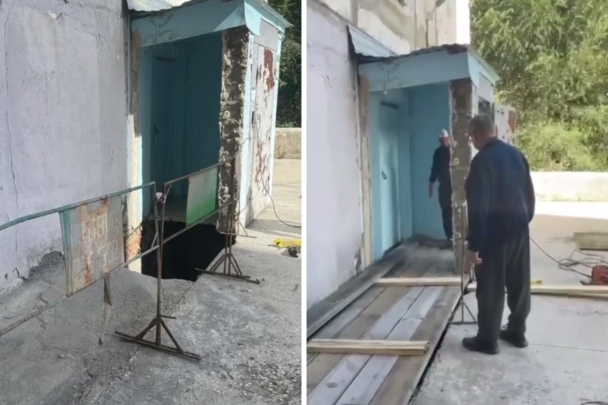 Дыру у подъезда в Челябинске, где обрушилась бетонная плита, заколотили досками