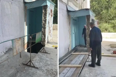 В Челябинске заделали провал у подъезда после обрушения