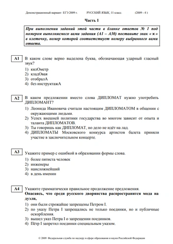 Так выглядели задания первой (тестовой) части ЕГЭ по русскому языку в 2009 году | Источник: Федеральный институт педагогических измерений