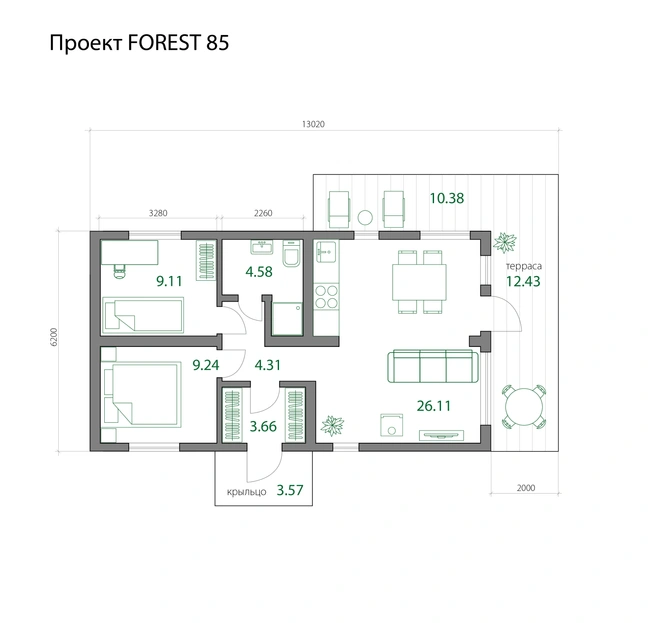На сайте застройщика представлен вариант планировки FOREST 85 с дополнительными опциями, которые легко превратят дом в загородный коттедж | Источник: Ural House Forest