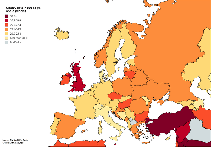 Карта: количество людей с лишним весом в странах Европы