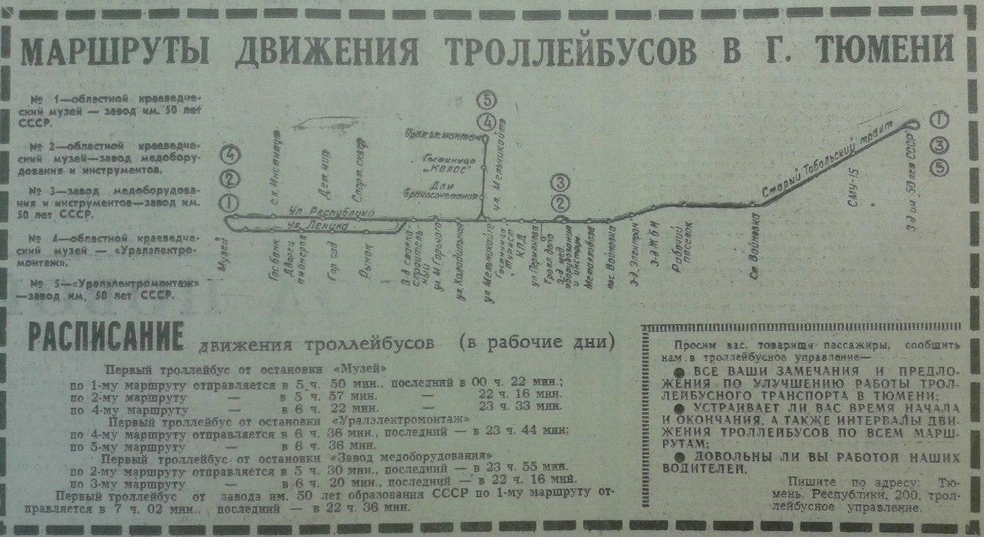 Расписание троллейбусов публиковали в газетах. Некоторые маршруты курсировали по городу до поздней ночи | Источник: Тюмень до нашей эры / Vk.com