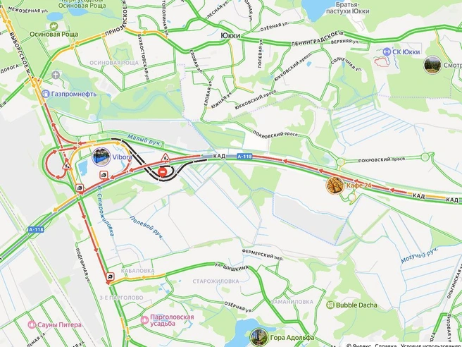 Из-за ДТП перекрыты полосы внешнего кольца КАД, также затруднен въезд с Выборгского шоссе | Источник: «Яндекс.Карты»