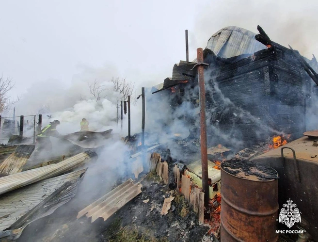 Огонь распространился на несколько построек | Источник: МЧС по Новосибирской области