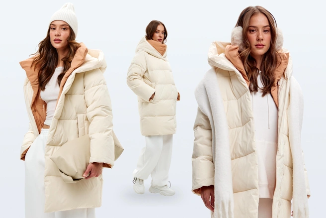 Баланс легкости и тепла&nbsp;— пуховик из биопуха в сливочном цвете, с темно-охристым воротником, который завершает образ | Источник: O’HARA