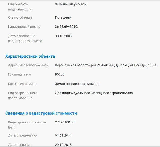 Какой надо «разрешенный вид использования» у участка тоже есть. А 2,7 миллиона&nbsp;рублей&nbsp;— кадастровая стоимость 12-летней давности. Можно представить, сколько эта земля стоит сейчас | Источник: Росреестр / Rosreestr.ru