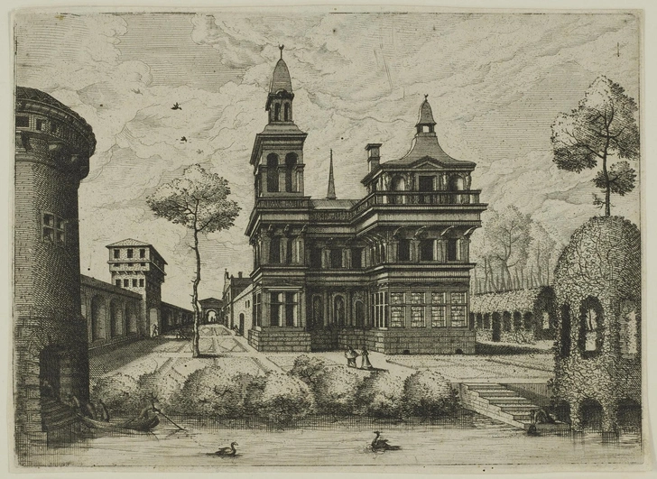 Лист из серии «Малые архитектурные перспективные виды». Ханс Вредеман де Врис. Граверы Ян и Лукас ван Дутекюмы. Время создания доски: 1562 | Источник: ГМИИ им. Пушкина