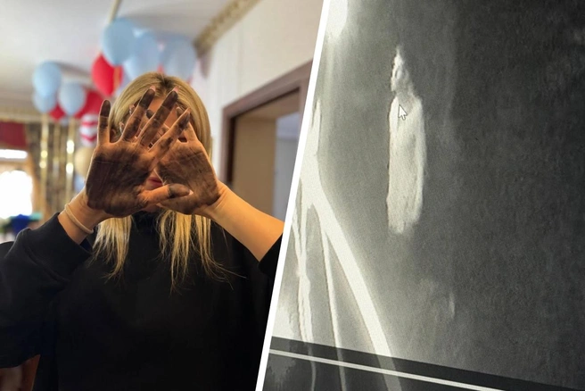Фото слева Диана выложила после ЧП — на ее руках краска для дактилоскопии; на фото справа — изображение ночного гостя с камер наблюдения | Источник: Диана Габдуллина / ВКонтакте