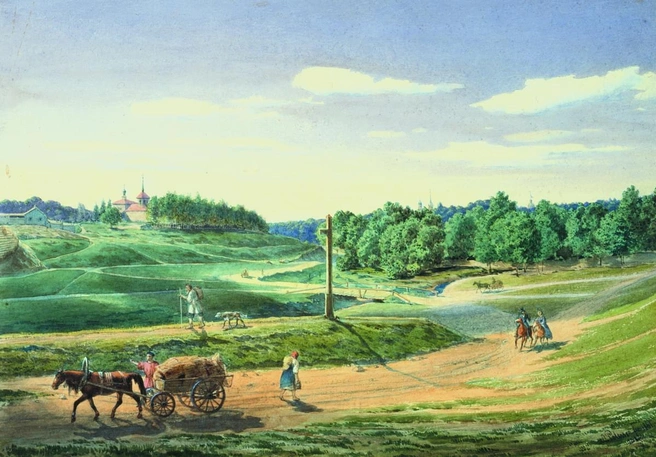 Источник: Петерсон О.&nbsp;А.&nbsp;Вид Овстуга. Дорога на мельницу. 1861 г. Бумага, акварель