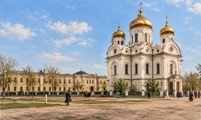 Александро-Невский собор, за ним виднеется Александровское реальное училище | Источник: издательство «Советская Кубань», набор открыток «К 200-летию Екатеринодара», 1992 год