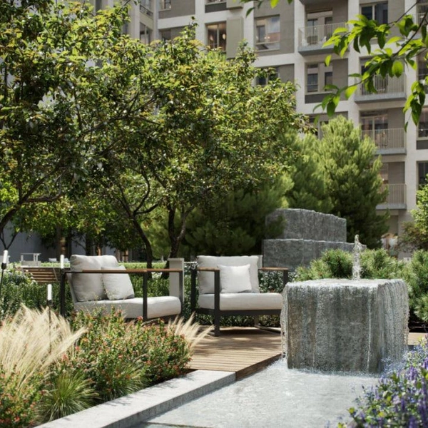 У жителей дома появится своя река с фонтаном во дворе | Источник: ГК «Брусника»