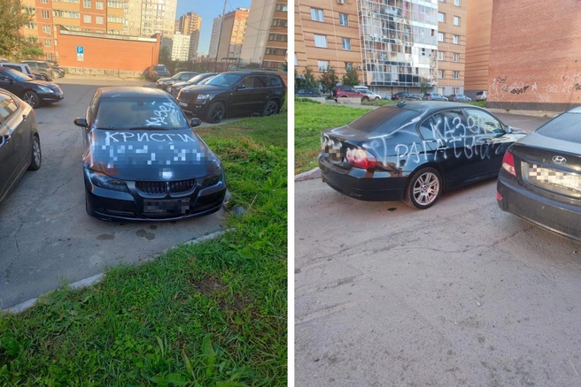 В одном из дворов Новосибирска неизвестные исписали машины матами и оскорблениями | Источник: «АСТ-54» / «ВКонтакте»