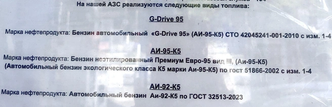 Стенд одной из АЗС: класс топлива (К5) идет сразу после марки бензина. Кстати, пусть вас не смущает упоминание «вида III» — согласно ГОСТ Р 51866-2002, он соответствует классу К5 (Евро-5) | Источник: Артем Краснов