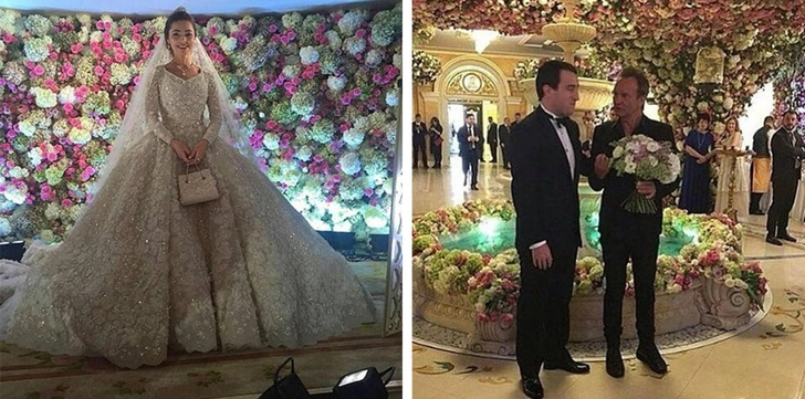 Невеста в платье от Elie Saab, расшитом кристаллами. Певец Стинг с Саидом Гуцериевым, 2016 | Источник: соцсети