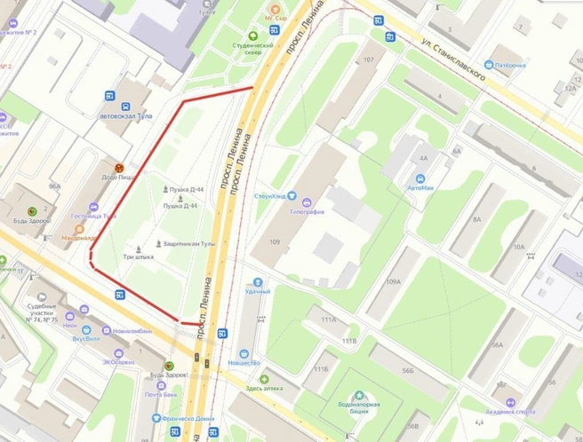 Красным отмечен участок, где будет введен запрет | Источник: Администрация города Тулы