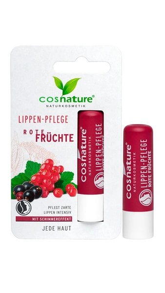 Cosnature Бальзам для губ Красные плодыИнтенсивный уход за нежной кожей губ. С эффектом мерцания.Экстракты био бузины и био смородины, выращенных в условиях сертифицированного органического земледелия, бережно ухаживают за нежной кожей губ, придавая им мягкость. Витамин Е и оливковое масло предохраняют губы от сухости. Частицы природной слюды подарят Вашим губам шелковистый блеск.