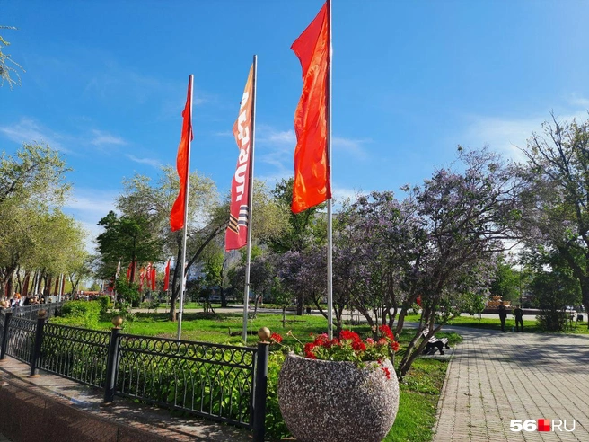 Флаги Победы в сквере Дома Советов, расположенном рядом с площадью Ленина | Источник: Анастасия Баринова / 56.RU