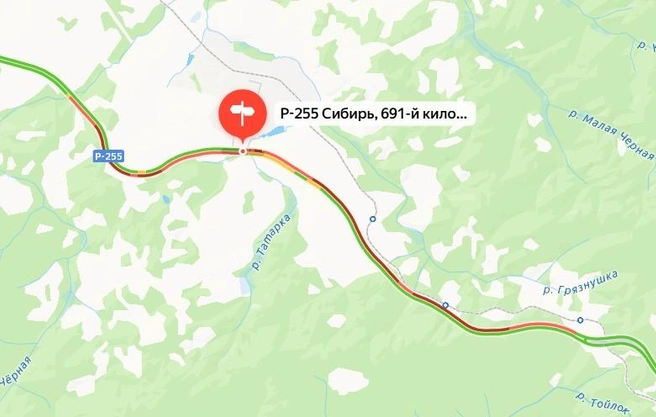 В сторону Ачинска серьезная пробка, в сторону Красноярска затор поменьше | Источник: yandex.ru/maps