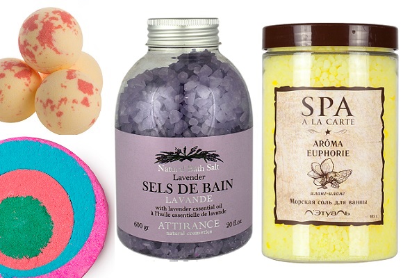 LUSH Бомба для ванны «Синдерс», Essie SPA Тонизирующая соль для ног Foot Alert Effervescent Foot Soak,ATTIRANCE Соль для ванн «Лаванда»,  Л’Этуаль  Морская соль для ванны эйфорическая из коллекции SPA A LA CARTE, | Источник: Архив пресс-служб