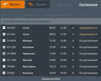 На 4,5 часа отложили вылет самолёта в Сочи | Источник: сайт международного аэропорта «Пермь»