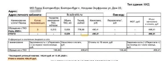 Плата за вывоз мусора рассчитывалась за одного прописанного и проживающего, а в новой квитанции&nbsp;— за троих | Источник: читательница E1.RU