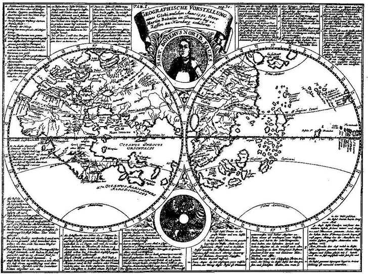 Карта 1889 года, повторяющая контуры карты на глобусе Бехайма | Источник: Wikimedia Commons