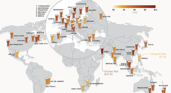 Карта: сколько стоит пиво в каждой стране Европы