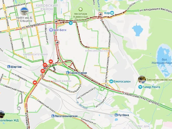 Движение в сторону центра затруднено на Малышевском мосту и у концерна «Калина» | Источник: «Яндекс.Карты»