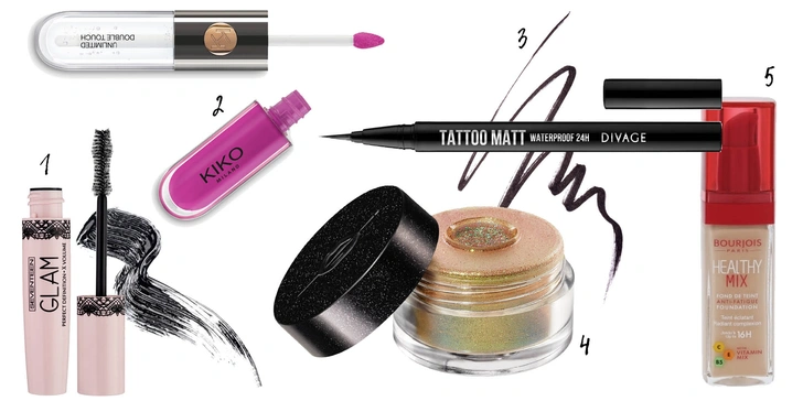 1. Тушь Glam, № 1, Seventeen;2. Жидкая помада Unlimited Double Touch, № 118, Kiko Milano;4. Водостойкая подводка Tattoo Matt, Divage;4. Сияющая рассыпчатая пудра Star Lit, № 107, Make Up For Ever;5. Тональная основа Healthy Mix, № 52, Bourjois    | Источник: Архивы пресс-служб