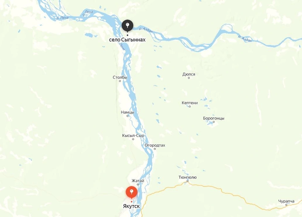Село Сыгыннах находится в Намском улусе, в 148 километрах от Якутска | Источник: Яндекс.Карты
