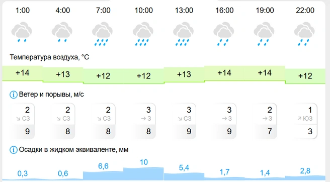 Дождь будет идти без перерывов  | Источник: gismeteo.ru