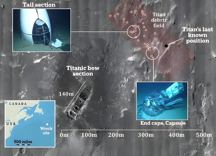 Взорвался в 488 метрах от носа «Титаника»: опубликована карта крушения батискафа «Титан»