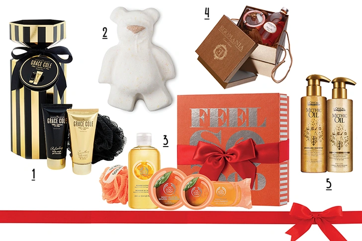 1. Подарочный набор Signature White Nectarine & Pear, сеть магазинов «Подружка». 2. Бомба для ванны Butter Bear, Lush. 3. Подарочный набор «Манго», The Body Shop. 4. Подарочный набор Egomania. 5. Шампунь и кондиционер Mythic Oil, L'Oréal Professionnel
