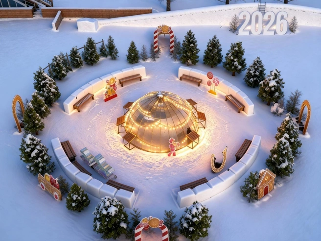 Вокруг дворика будут стоять большие пряничные арки и домики | Источник: Парк Горького / Vk.com